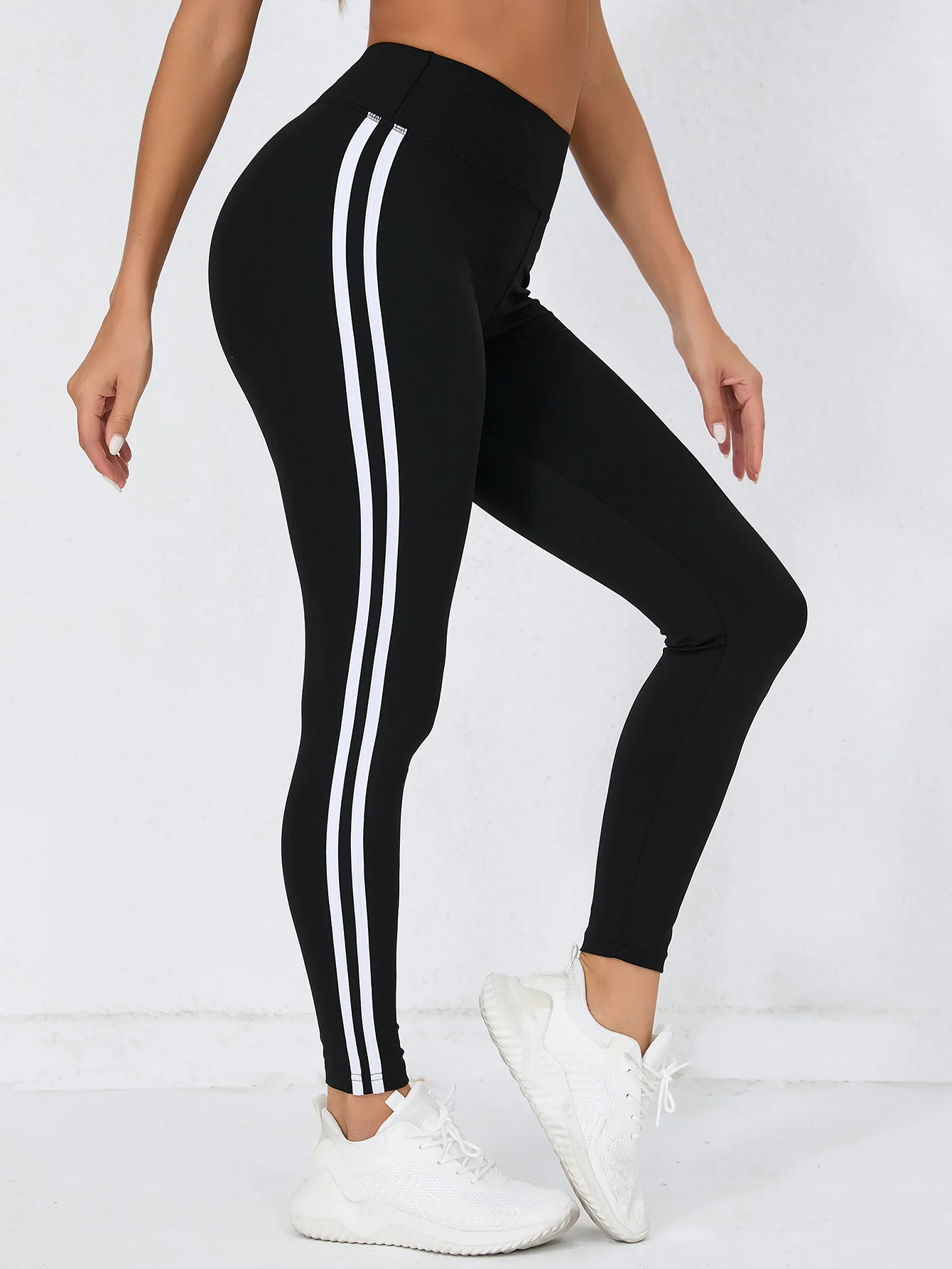 Women's Super Soft Leggings With White Striped, High Waist Stretch Workout Running Tight Pants