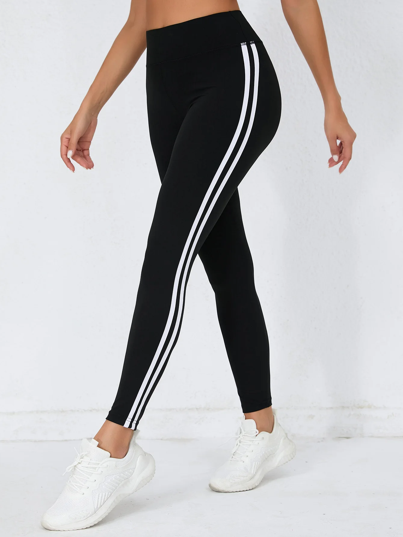 Women's Super Soft Leggings With White Striped, High Waist Stretch Workout Running Tight Pants