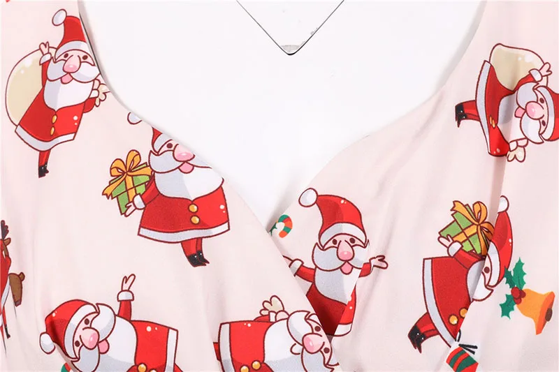 Fashion V-neck Short Sleeve Printed Christmas Dress Large Swing Vintage Elegant Xmas Party Dress