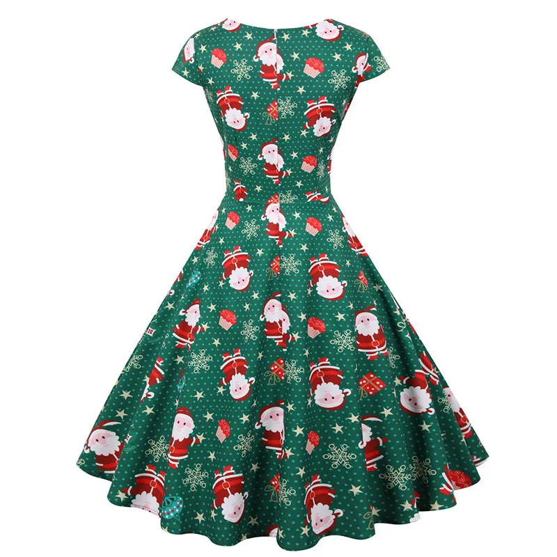 Fashion V-neck Short Sleeve Printed Christmas Dress Large Swing Vintage Elegant Xmas Party Dress