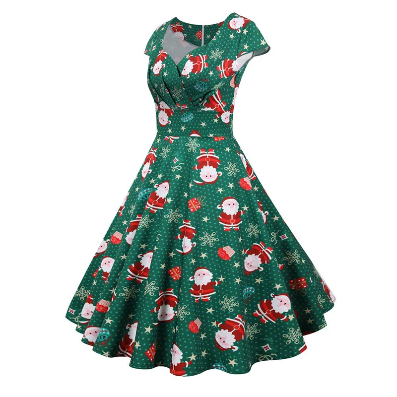 Fashion V-neck Short Sleeve Printed Christmas Dress Large Swing Vintage Elegant Xmas Party Dress