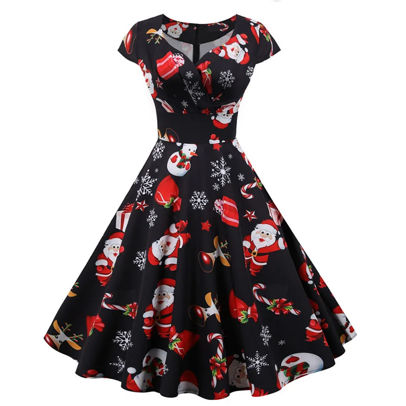 Fashion V-neck Short Sleeve Printed Christmas Dress Large Swing Vintage Elegant Xmas Party Dress