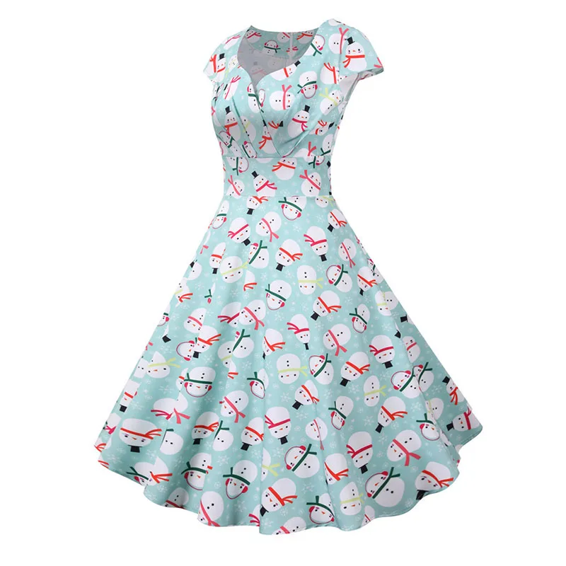 Fashion V-neck Short Sleeve Printed Christmas Dress Large Swing Vintage Elegant Xmas Party Dress