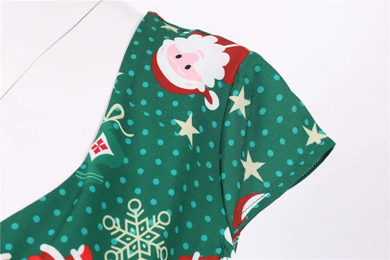 Fashion V-neck Short Sleeve Printed Christmas Dress Large Swing Vintage Elegant Xmas Party Dress