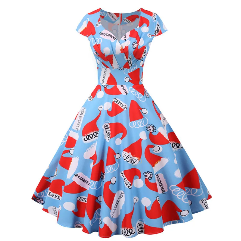 Fashion V-neck Short Sleeve Printed Christmas Dress Large Swing Vintage Elegant Xmas Party Dress