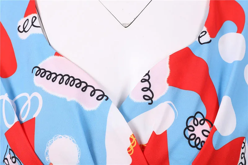 Fashion V-neck Short Sleeve Printed Christmas Dress Large Swing Vintage Elegant Xmas Party Dress