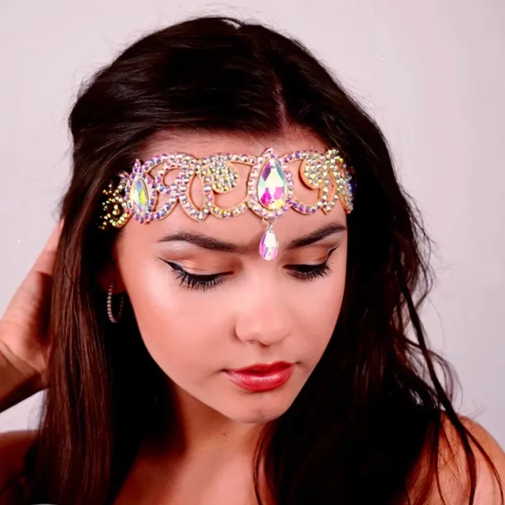 Stonefans AB Colorful Belly Dance Headband Pendant Water Drop Jewelry Performance Bling Rhinestone Headdress Accessories Girl