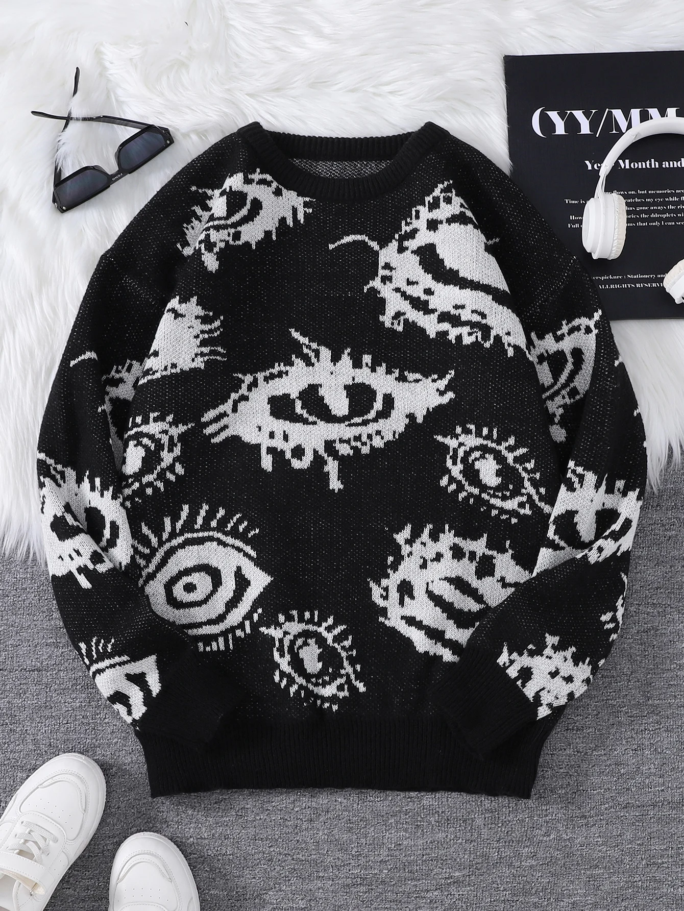 New Popular Autumn and Winter Abstract Eye Jacquard Pattern Pullover Sweater Casual Round Neck Knitted Men's Pullover