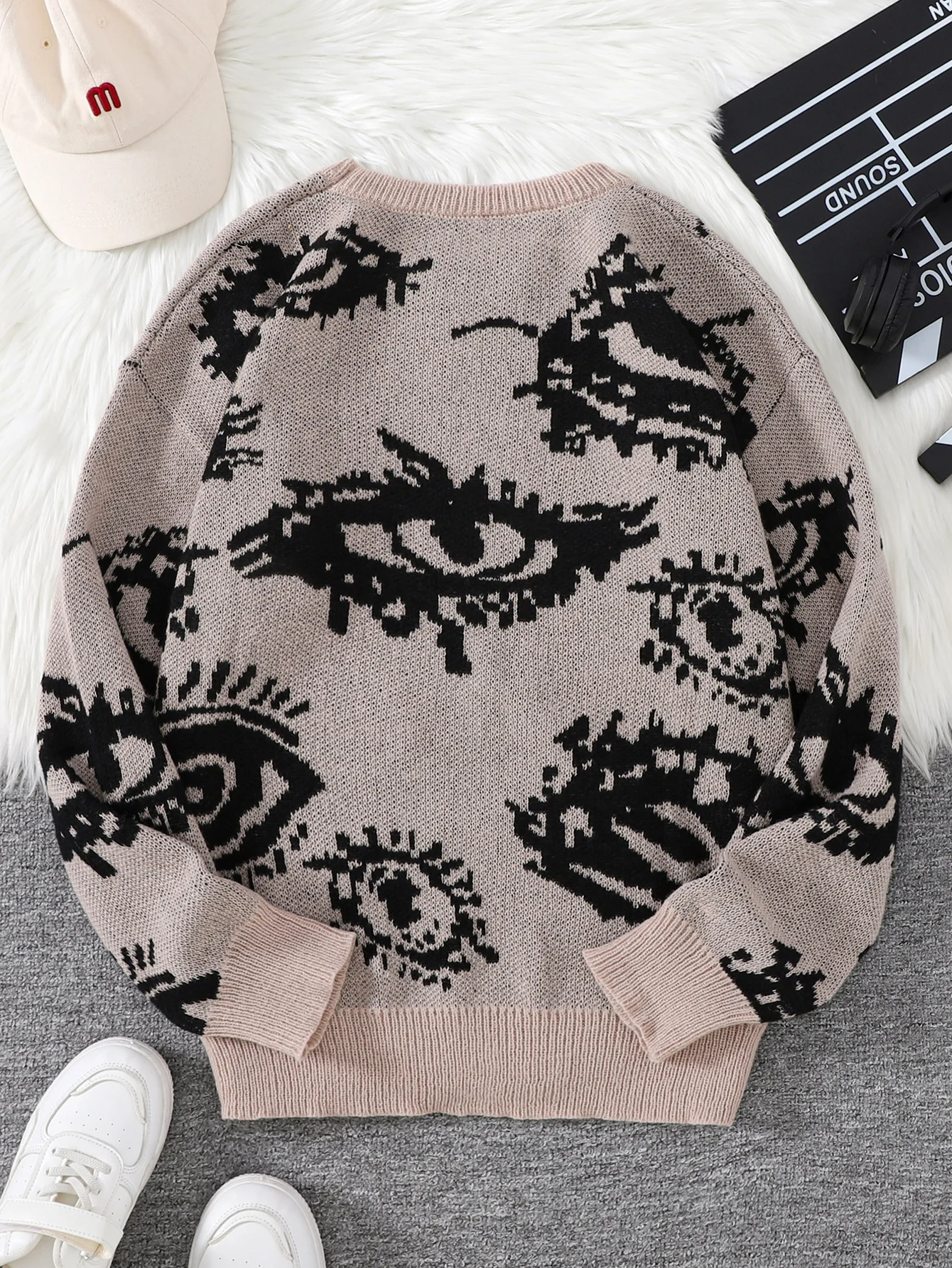 New Popular Autumn and Winter Abstract Eye Jacquard Pattern Pullover Sweater Casual Round Neck Knitted Men's Pullover