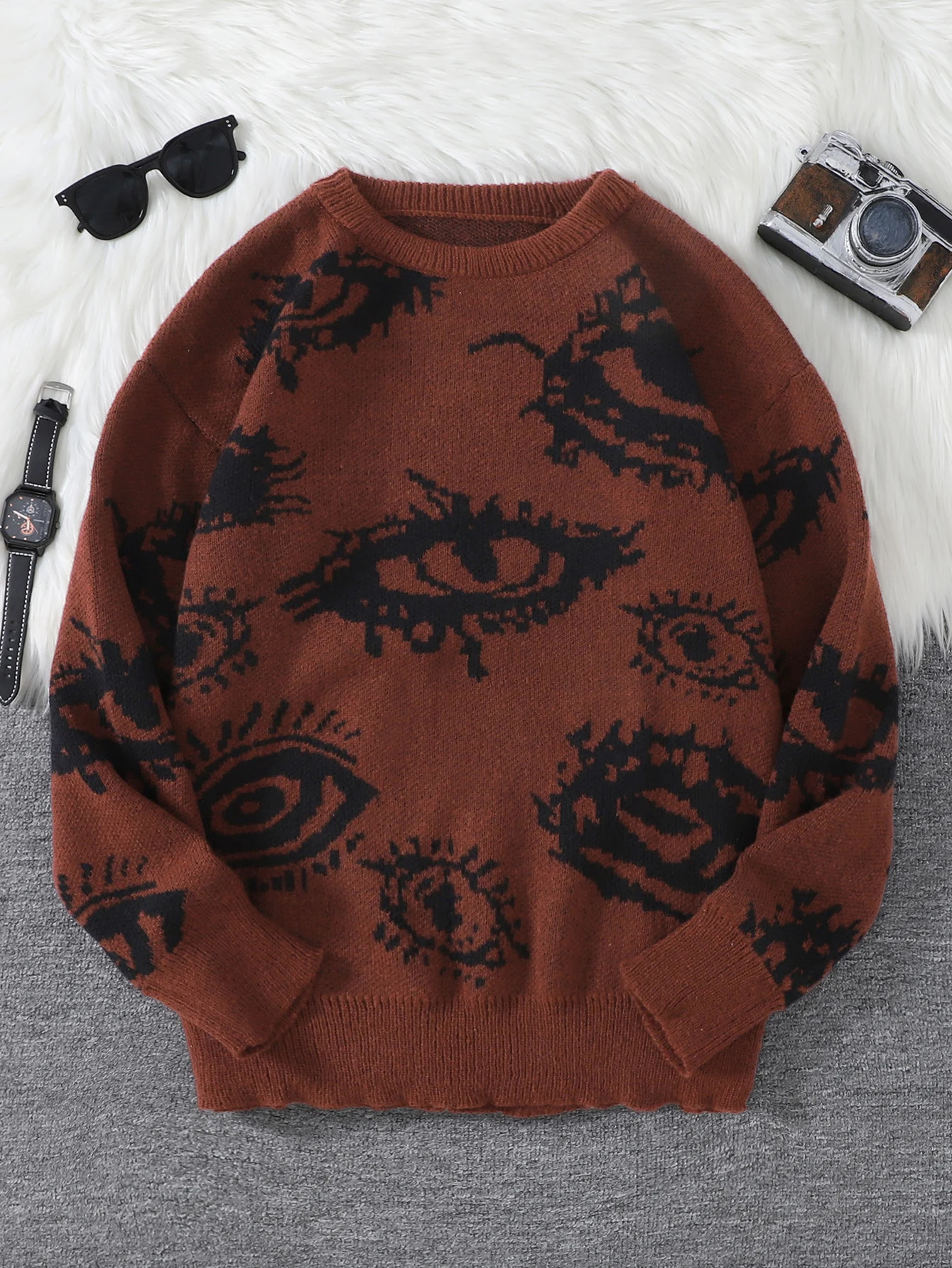 New Popular Autumn and Winter Abstract Eye Jacquard Pattern Pullover Sweater Casual Round Neck Knitted Men's Pullover