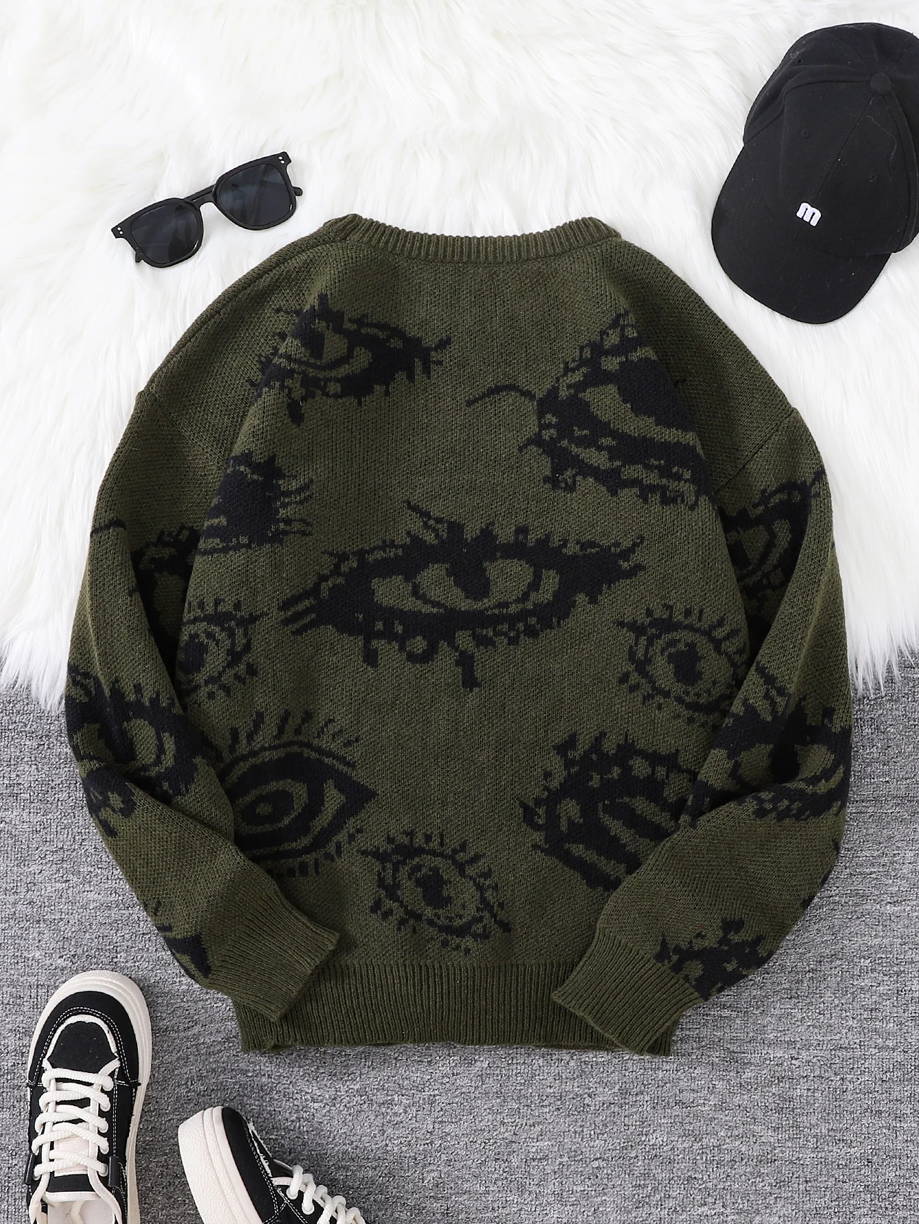 New Popular Autumn and Winter Abstract Eye Jacquard Pattern Pullover Sweater Casual Round Neck Knitted Men's Pullover