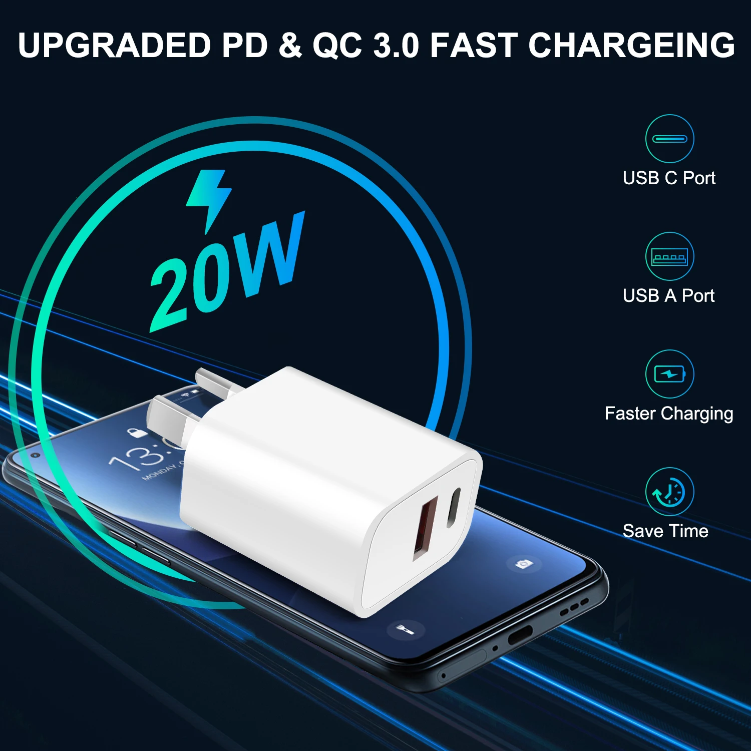 1Pc Australian Standard Dual Charging Port AU Plug Quick Charger 20W Fast Charging Adapter, USB Type-C Wall Charger For Mobile