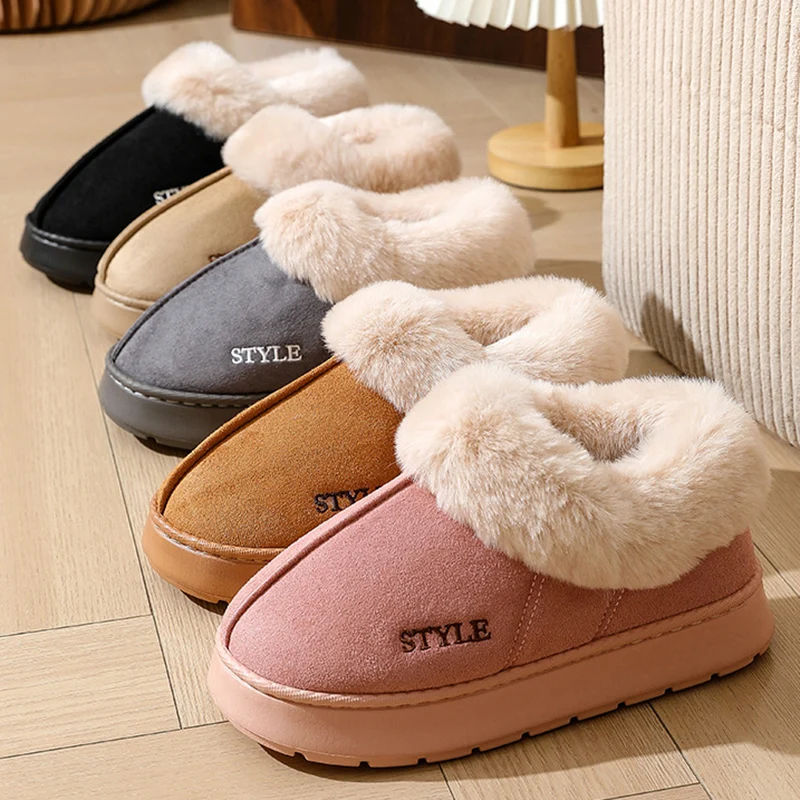 Anti-slip Thick Plush Snow Boots Women Faux Suede Platform Fur Winter Boots Woman Slip On Warm Cotton Padded Shoes Female 45