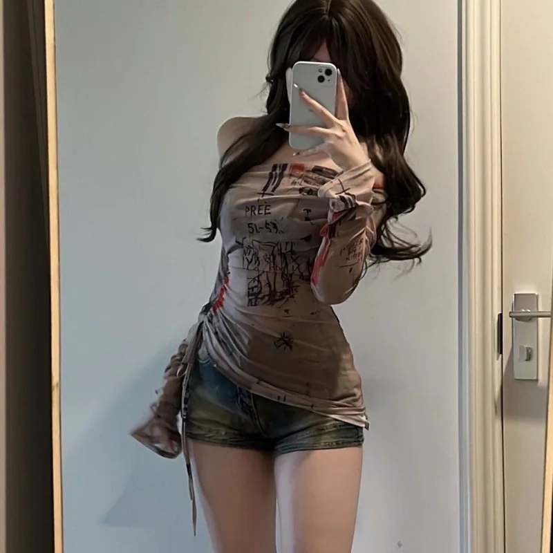 Long-Sleeved T-Shirt Spicy Girl Style One Shoulder Women's Thin Mesh Screen Graffiti Print Irregular Drawstring Top