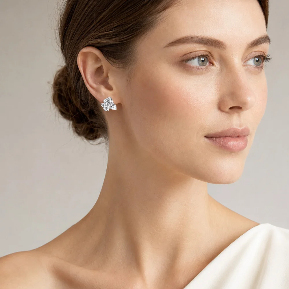 White Stone Geometric Ear Stud Glamorous Jewerly For Women Wedding Romantic Gift In 925 Sterling Silver