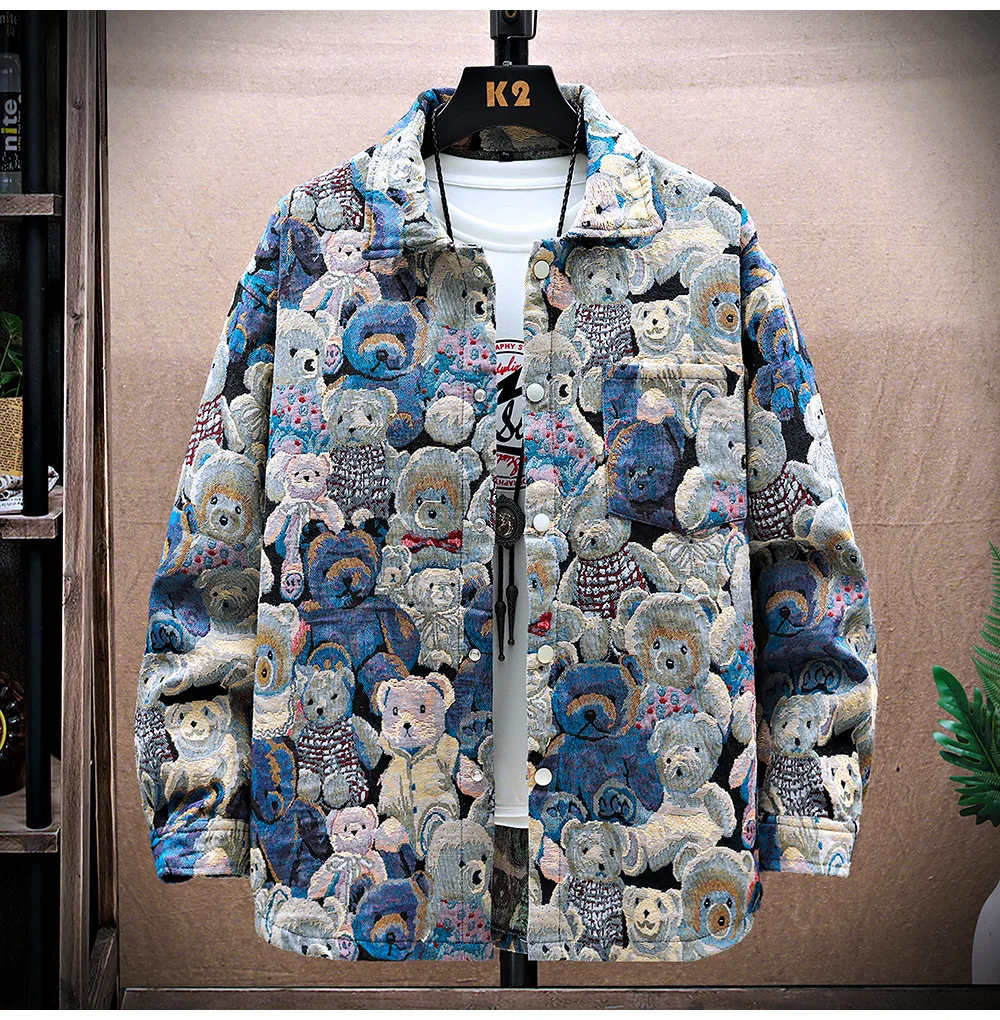 Men Teddy Bear 3/4 Sleeve Jacket Fashion Animal Pattern Coat Jacquard Woven Top Outerwear