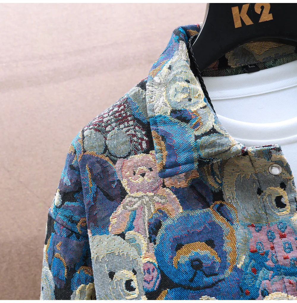 Men Teddy Bear 3/4 Sleeve Jacket Fashion Animal Pattern Coat Jacquard Woven Top Outerwear