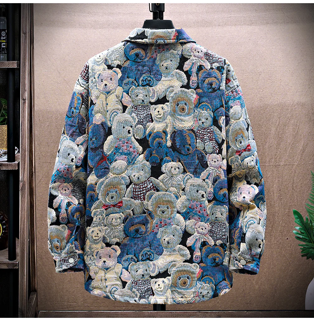Men Teddy Bear 3/4 Sleeve Jacket Fashion Animal Pattern Coat Jacquard Woven Top Outerwear