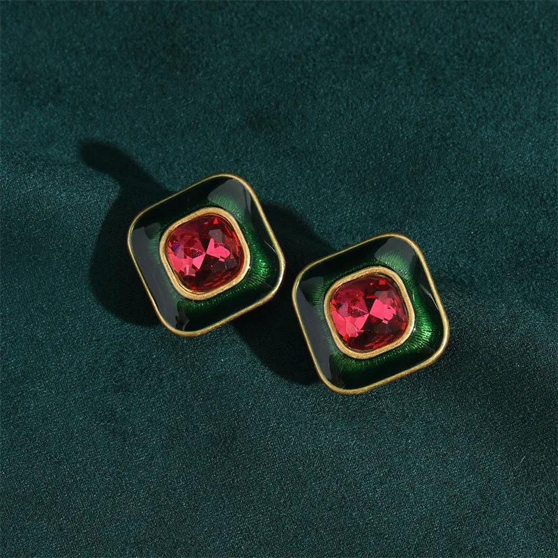 Vintage Crystal Square stud earrings for women retro Modern Bohemian Green Enamel Sugar Pink Korean Ear Rings Jewelry 2024