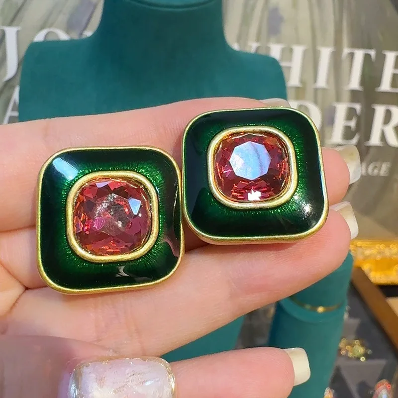 Vintage Crystal Square stud earrings for women retro Modern Bohemian Green Enamel Sugar Pink Korean Ear Rings Jewelry 2024