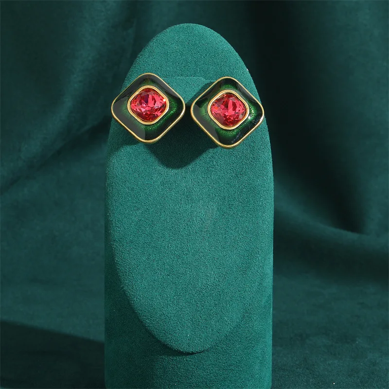 Vintage Crystal Square stud earrings for women retro Modern Bohemian Green Enamel Sugar Pink Korean Ear Rings Jewelry 2024