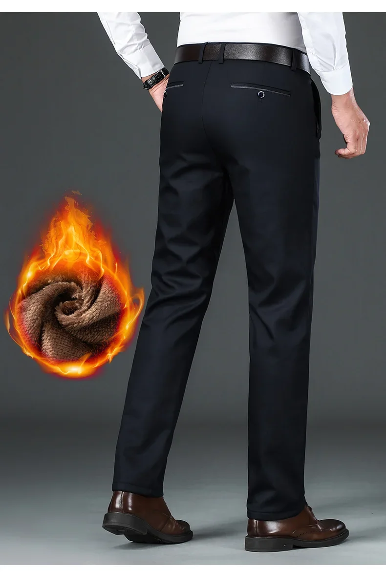 Winter Fleece Men's Business Pants Classic Trousers Elastic Thickened Warm Flannel Straight Casual Brand Plush Pants