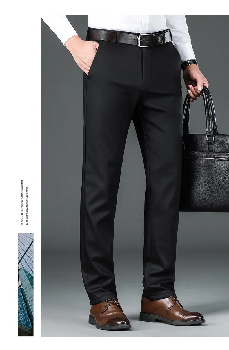 Winter Fleece Men's Business Pants Classic Trousers Elastic Thickened Warm Flannel Straight Casual Brand Plush Pants