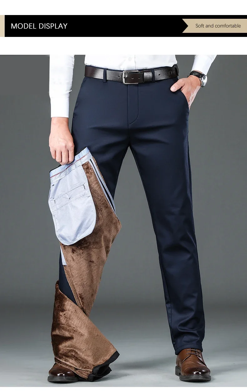 Winter Fleece Men's Business Pants Classic Trousers Elastic Thickened Warm Flannel Straight Casual Brand Plush Pants