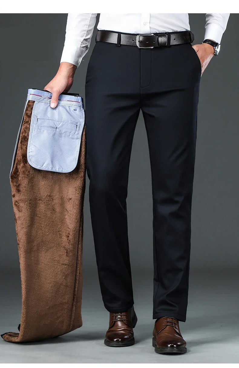 Winter Fleece Men's Business Pants Classic Trousers Elastic Thickened Warm Flannel Straight Casual Brand Plush Pants