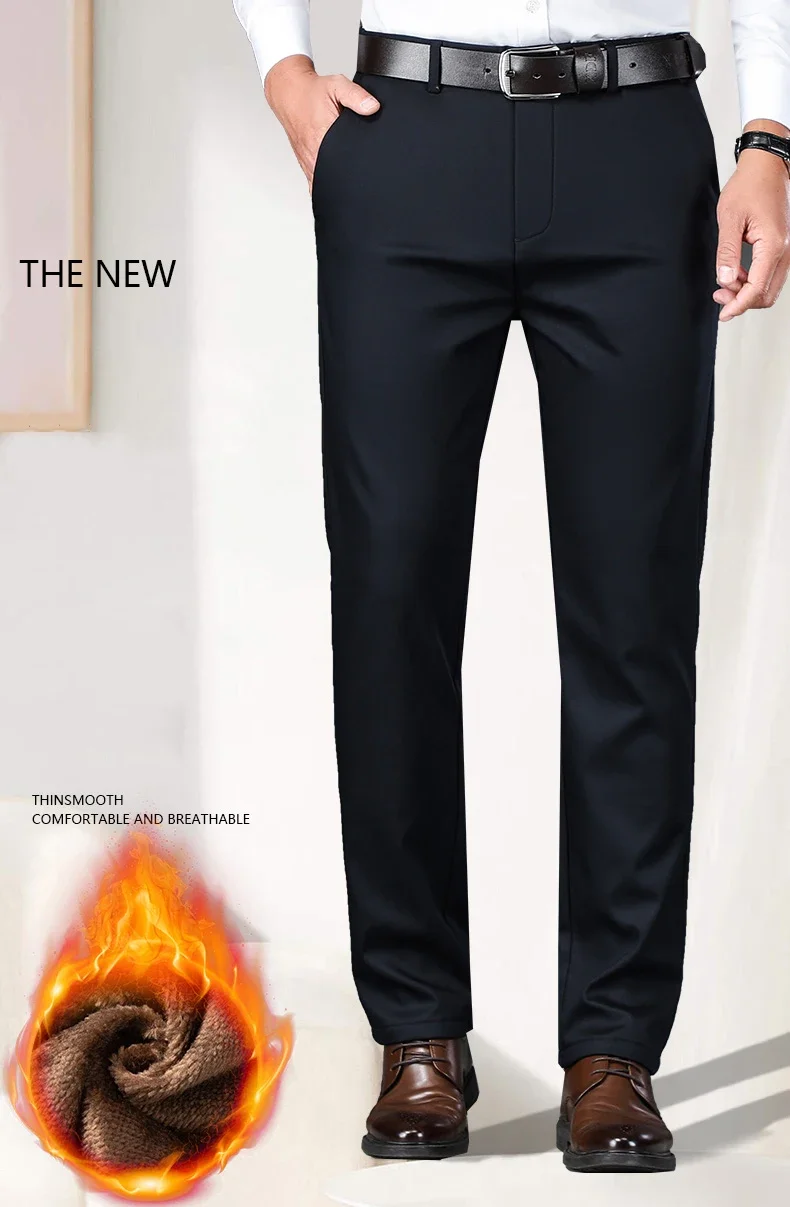 Winter Fleece Men's Business Pants Classic Trousers Elastic Thickened Warm Flannel Straight Casual Brand Plush Pants