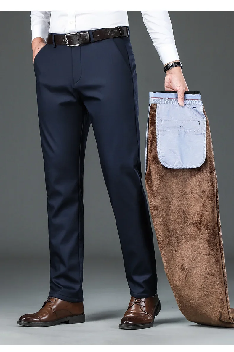 Winter Fleece Men's Business Pants Classic Trousers Elastic Thickened Warm Flannel Straight Casual Brand Plush Pants