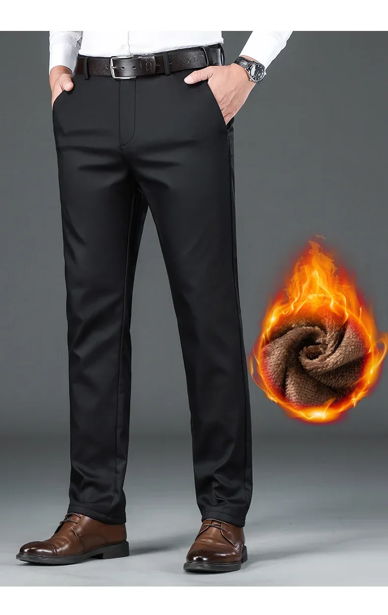 Winter Fleece Men's Business Pants Classic Trousers Elastic Thickened Warm Flannel Straight Casual Brand Plush Pants