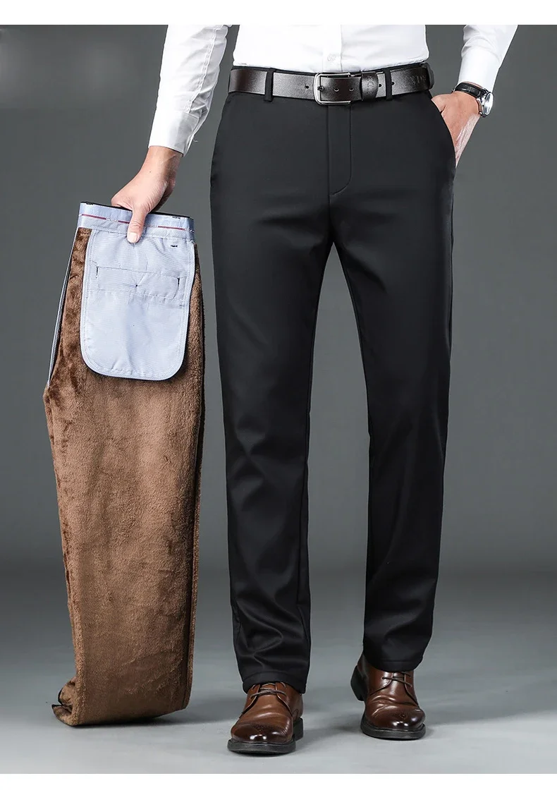 Winter Fleece Men's Business Pants Classic Trousers Elastic Thickened Warm Flannel Straight Casual Brand Plush Pants