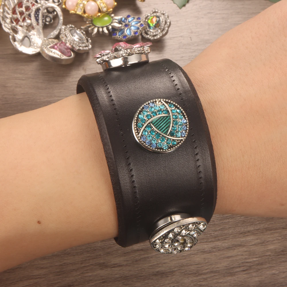 Fashion Weave Punk Rock 051 Real Genuine Leather Fit 18mm Snap Button Bangle Bracelet Charm Jewelry For Women Men