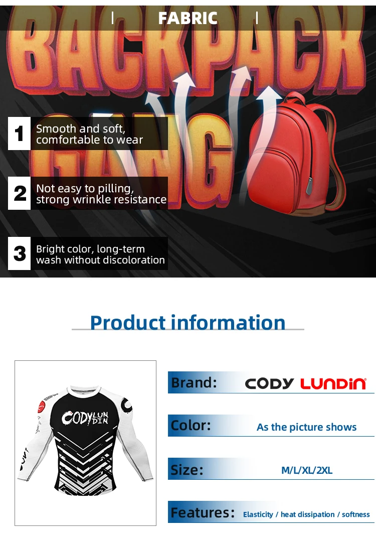 Cody Lundin Black Men's MMA BJJ Brazilian Jujutsu Fighting Taekwondo Long Sleeve Shirt Fitness Training Running Rash Guards