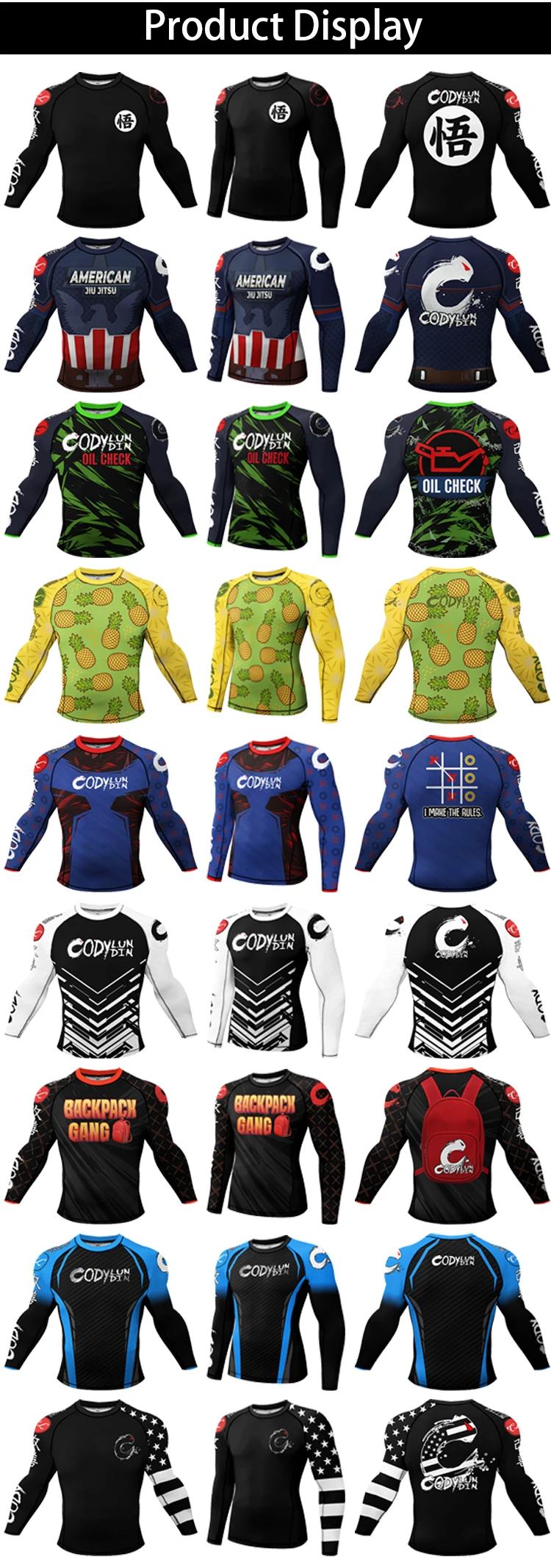 Cody Lundin Black Men's MMA BJJ Brazilian Jujutsu Fighting Taekwondo Long Sleeve Shirt Fitness Training Running Rash Guards