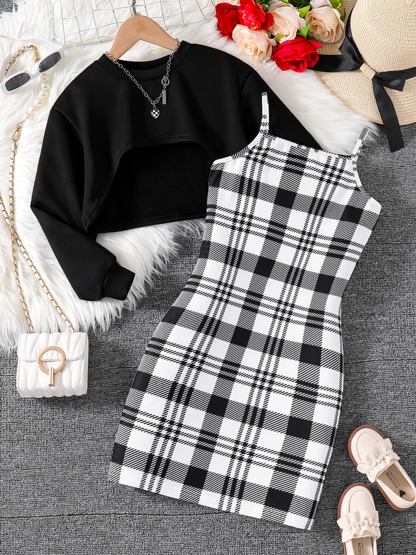 Spring and Autumn Girl Cute Fashion Outdoor Casual 2-Piece Round Neck Long Sleeve Top + Sleeveless Plaid Dress Set