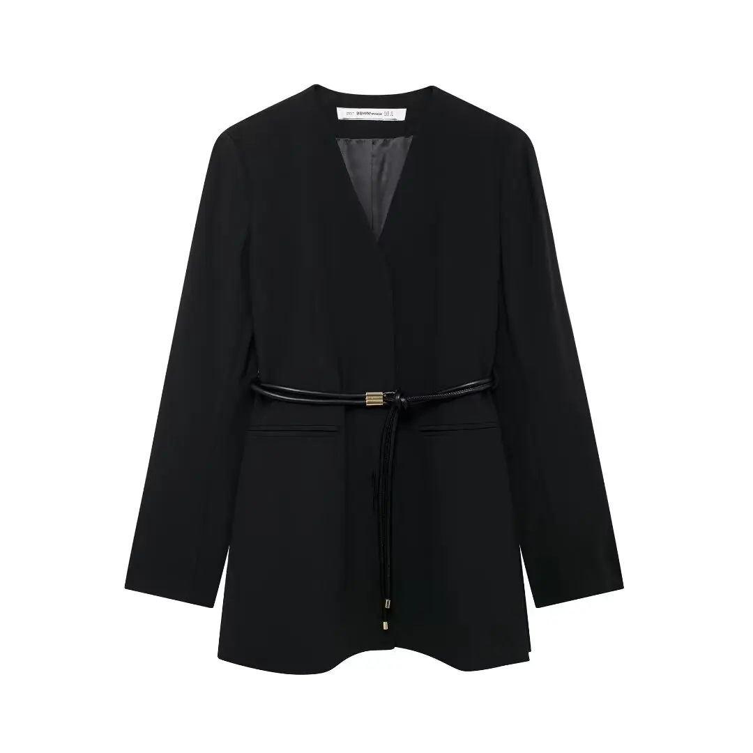 DUOPERI Women Solid Blazer With Belt V-Neck Long Sleeves Female Chic Lady Casual Outfits