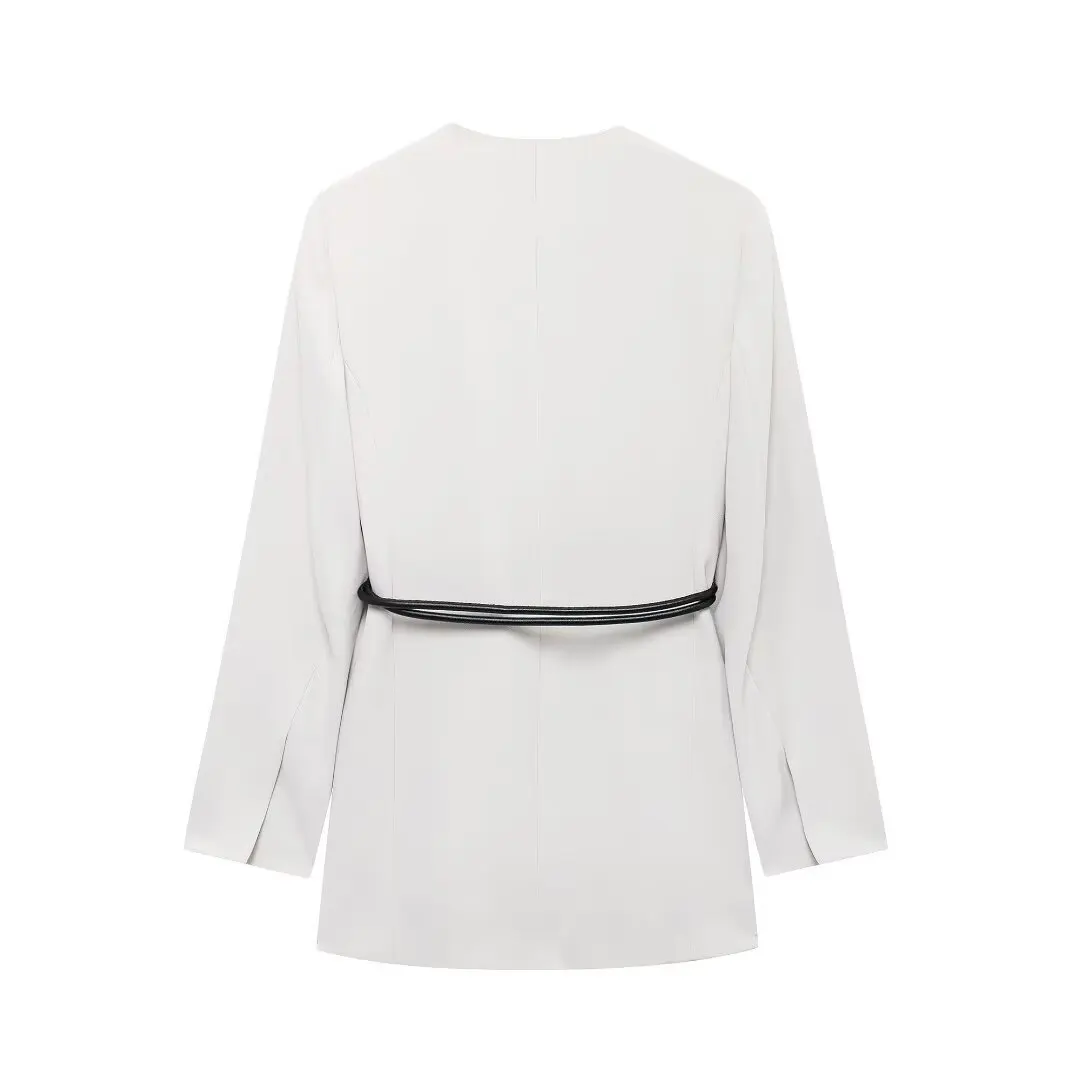 DUOPERI Women Solid Blazer With Belt V-Neck Long Sleeves Female Chic Lady Casual Outfits