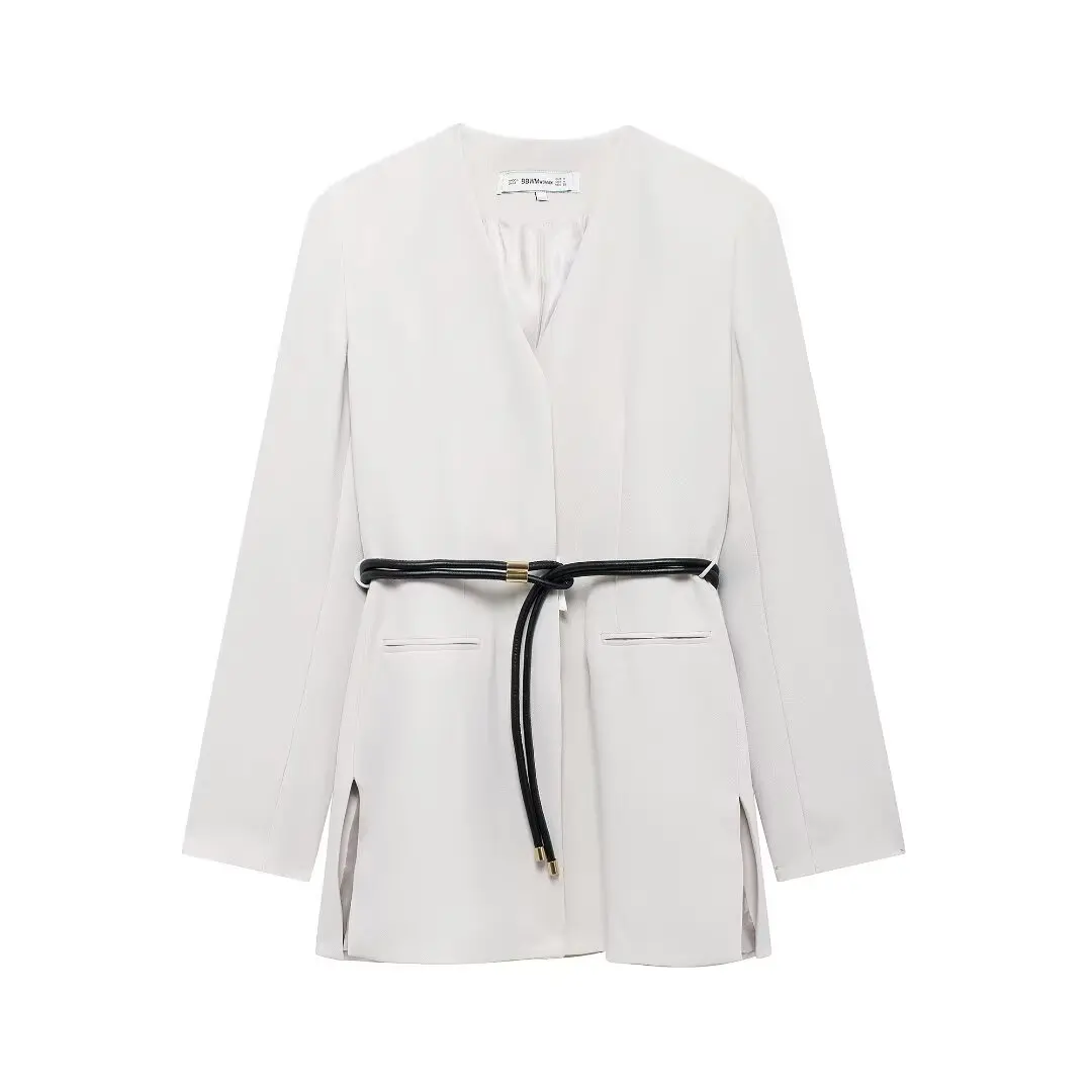 DUOPERI Women Solid Blazer With Belt V-Neck Long Sleeves Female Chic Lady Casual Outfits