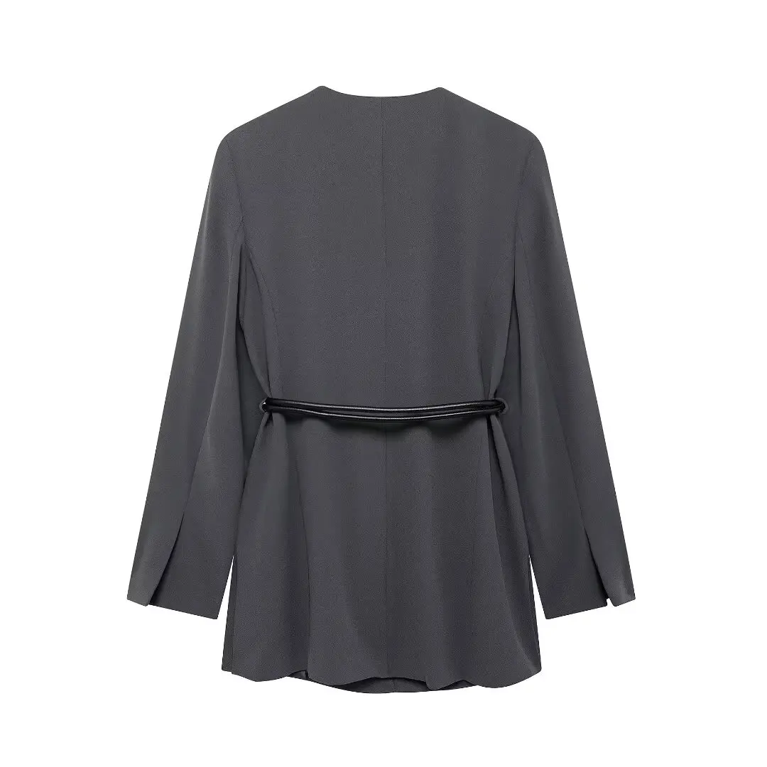 DUOPERI Women Solid Blazer With Belt V-Neck Long Sleeves Female Chic Lady Casual Outfits