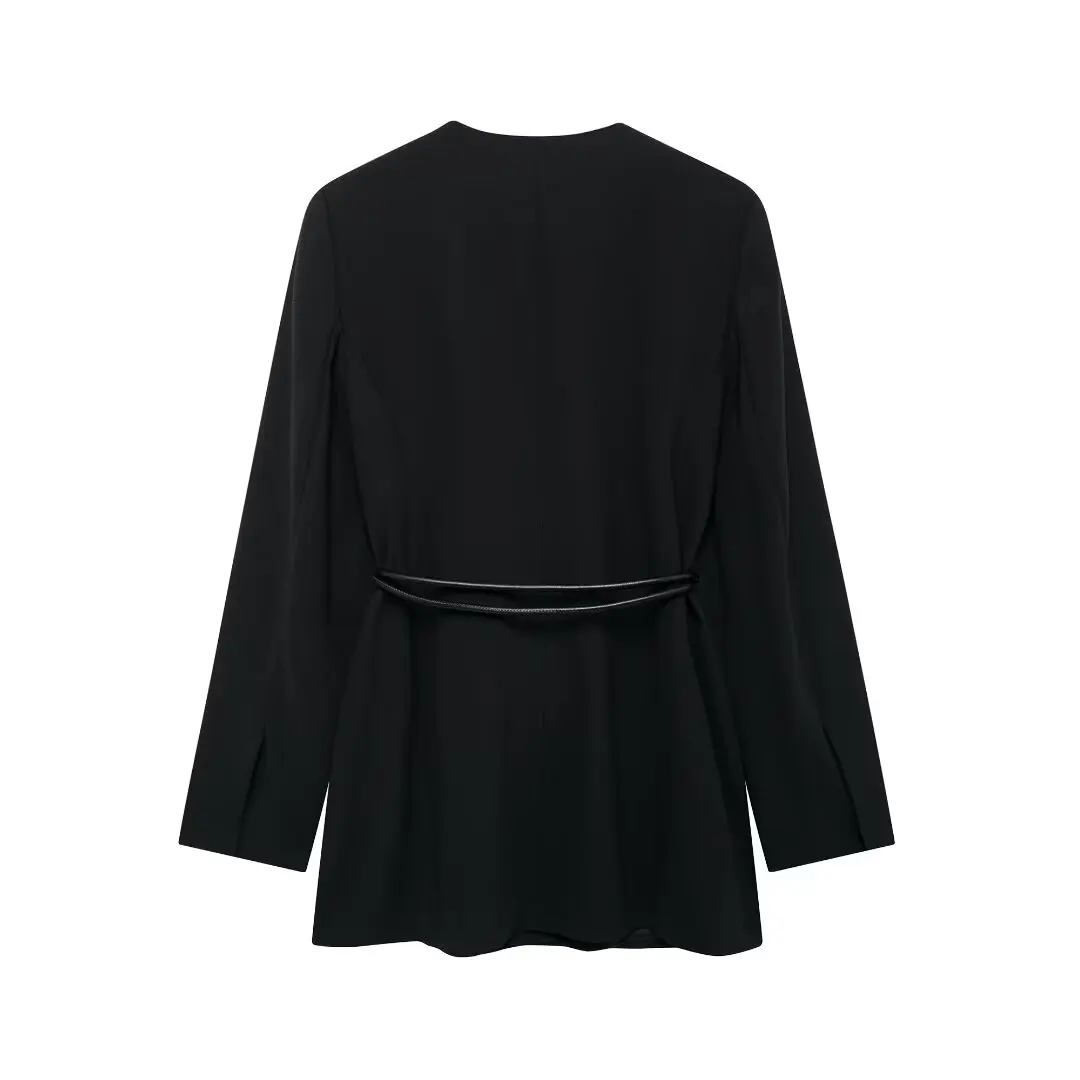 DUOPERI Women Solid Blazer With Belt V-Neck Long Sleeves Female Chic Lady Casual Outfits