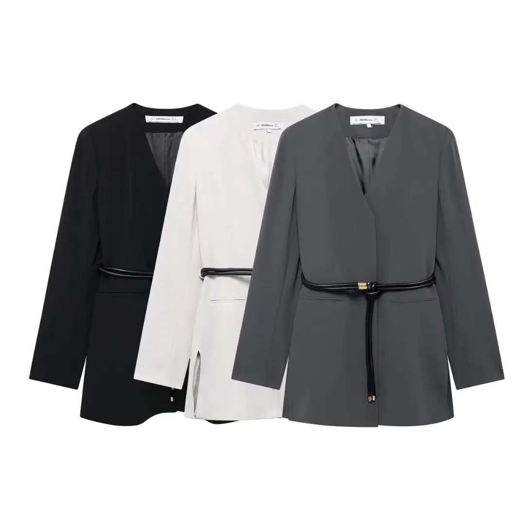 DUOPERI Women Solid Blazer With Belt V-Neck Long Sleeves Female Chic Lady Casual Outfits