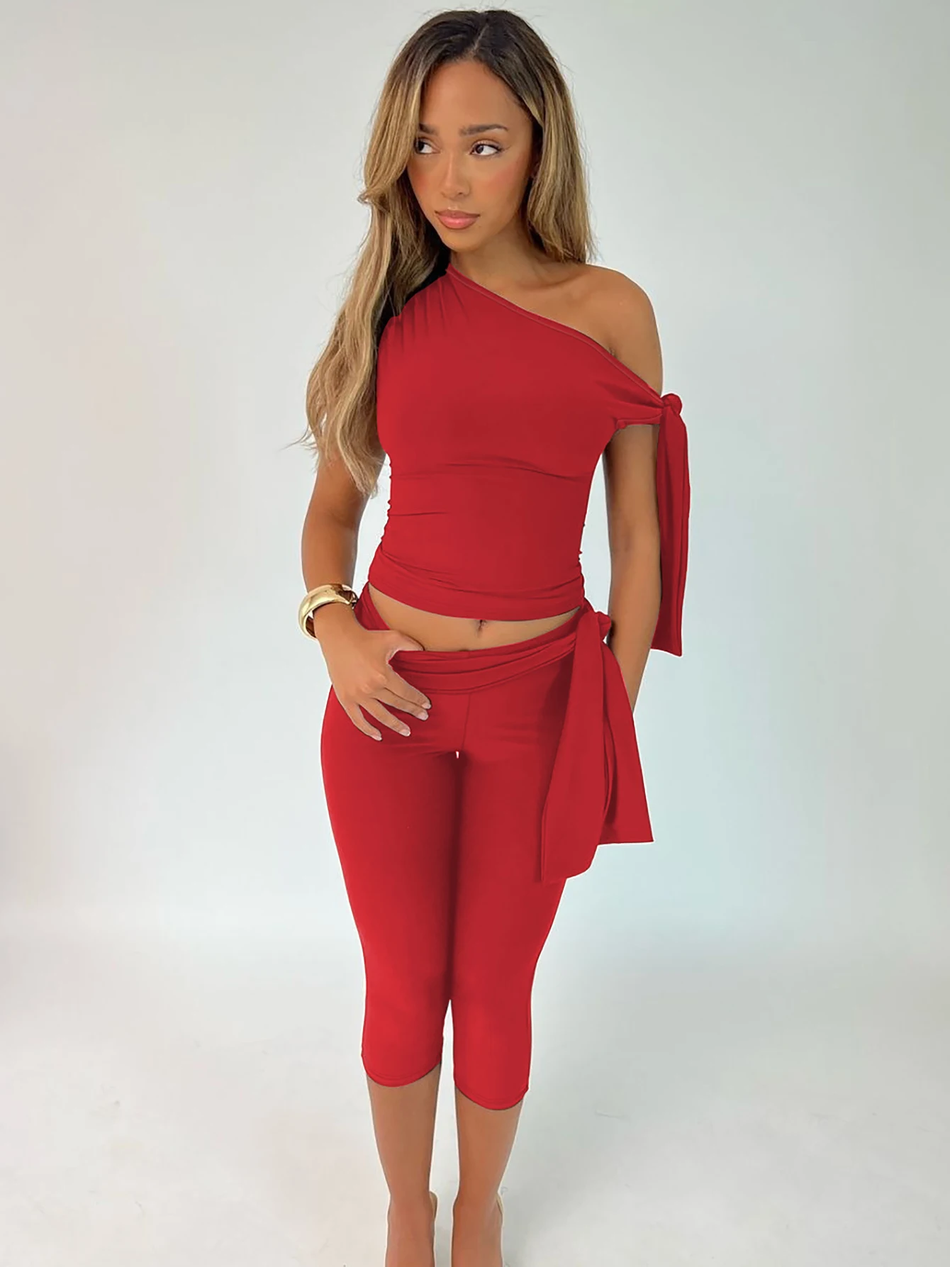 Dulzura Sexy Elegant Lace Up 2 Piece Shorts Set Diagonal Collar Sleeveless Bodycon Crop Top And Shorts Matching Set Party Club