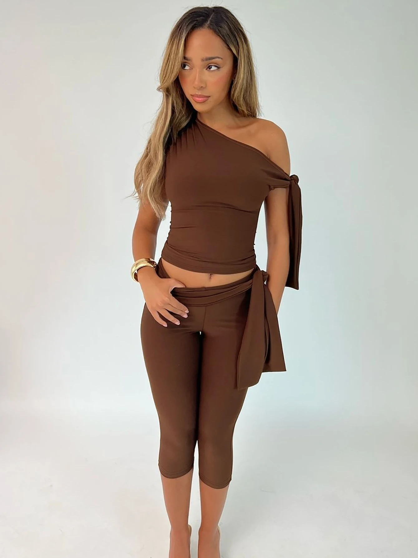 Dulzura Sexy Elegant Lace Up 2 Piece Shorts Set Diagonal Collar Sleeveless Bodycon Crop Top And Shorts Matching Set Party Club