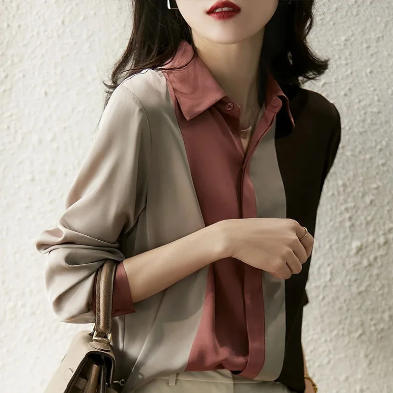 New Office Lady Long Sleeve Women's Shirts Elegant Button Up Patchwork Satin Blouse Women Casual Loose Clothes Woman Tops 18146