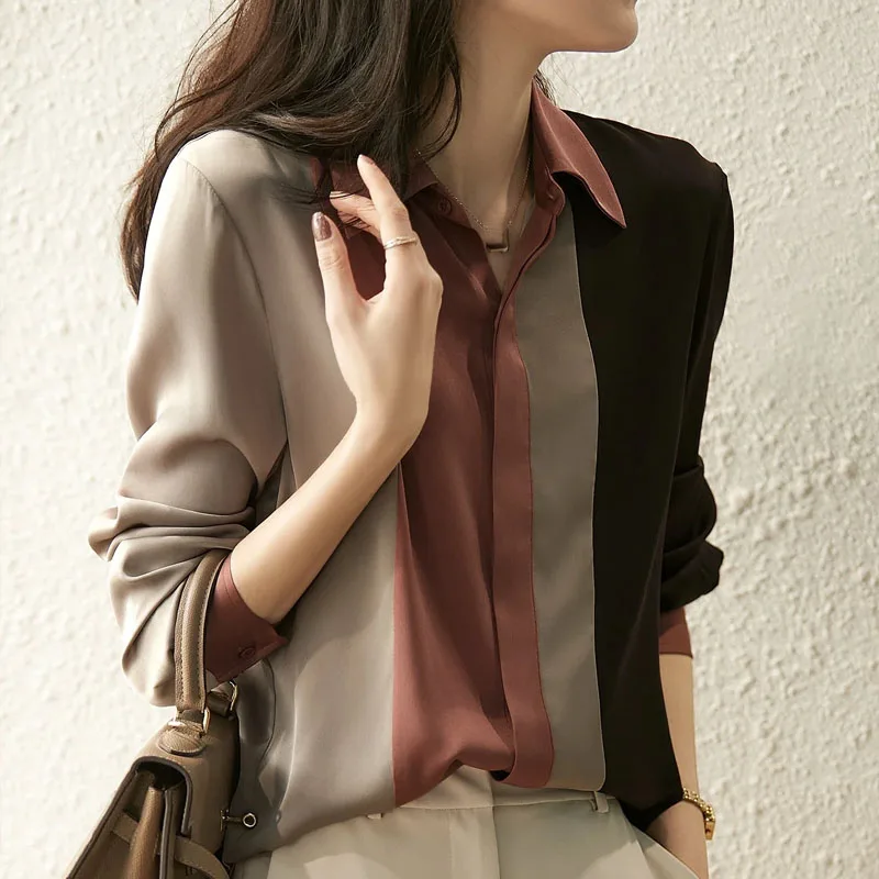 New Office Lady Long Sleeve Women's Shirts Elegant Button Up Patchwork Satin Blouse Women Casual Loose Clothes Woman Tops 18146