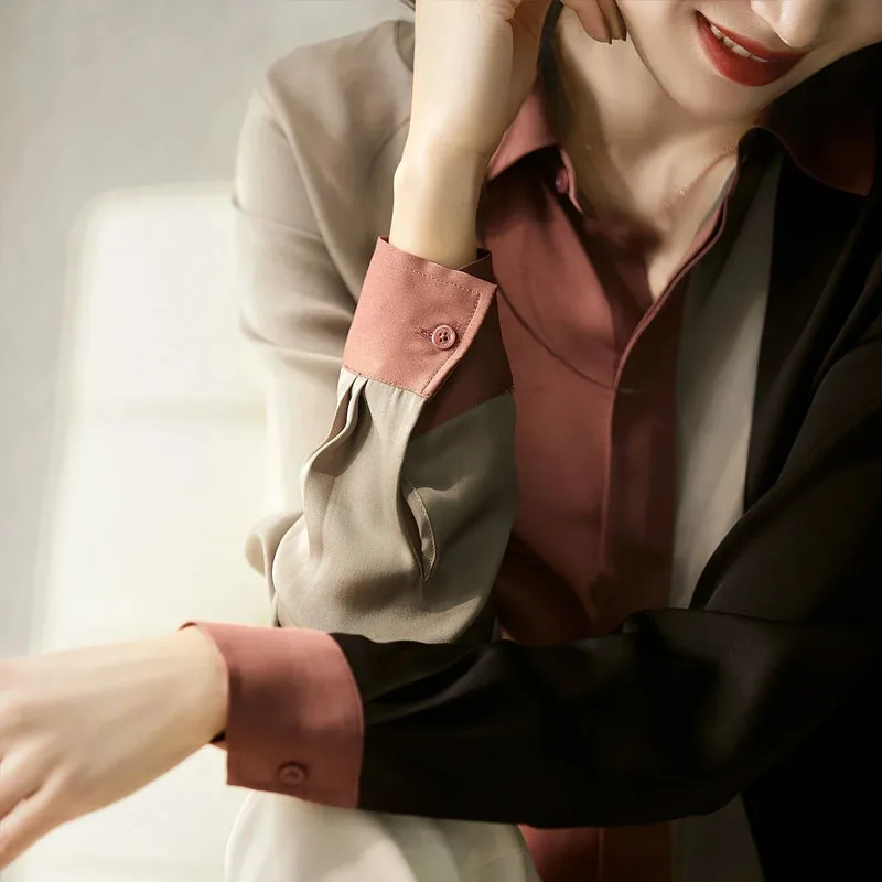 New Office Lady Long Sleeve Women's Shirts Elegant Button Up Patchwork Satin Blouse Women Casual Loose Clothes Woman Tops 18146