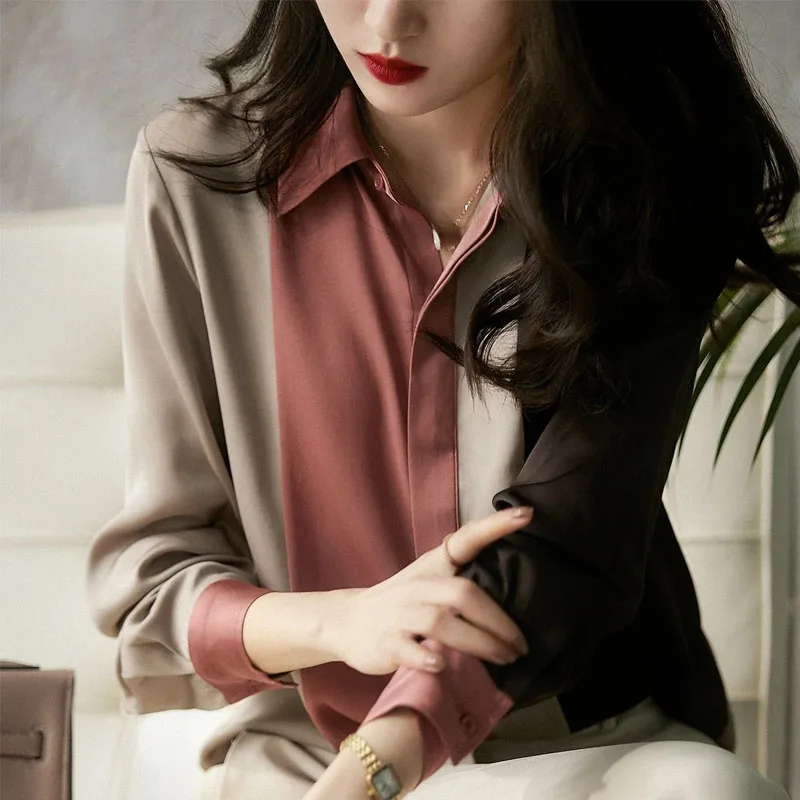 New Office Lady Long Sleeve Women's Shirts Elegant Button Up Patchwork Satin Blouse Women Casual Loose Clothes Woman Tops 18146