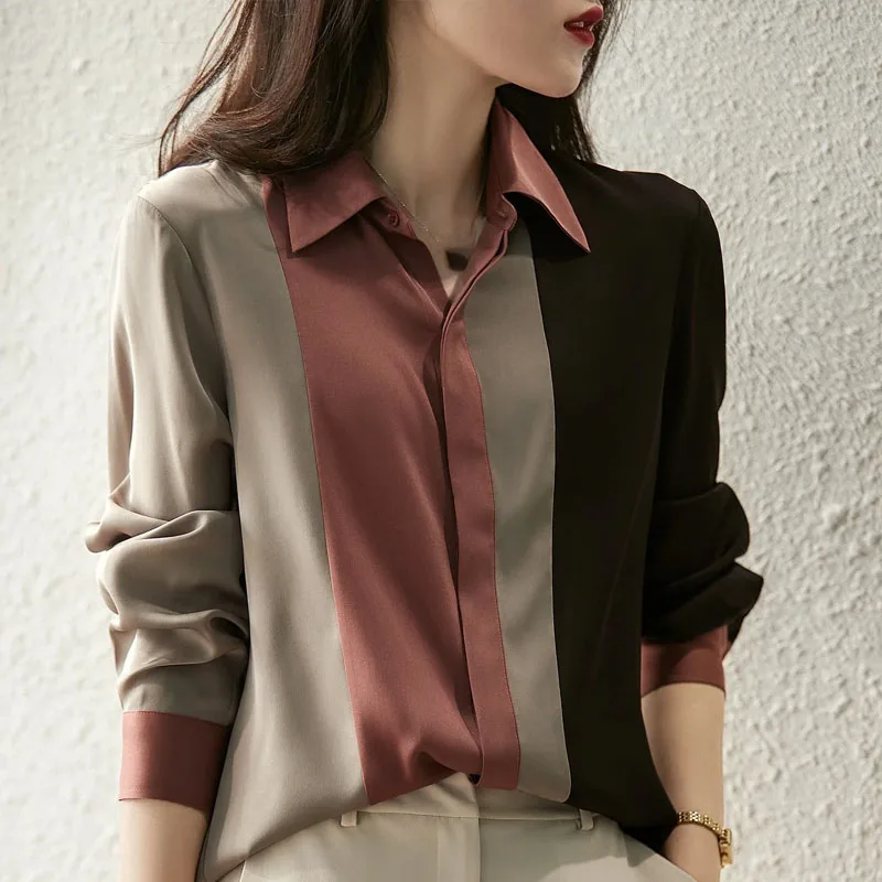 New Office Lady Long Sleeve Women's Shirts Elegant Button Up Patchwork Satin Blouse Women Casual Loose Clothes Woman Tops 18146